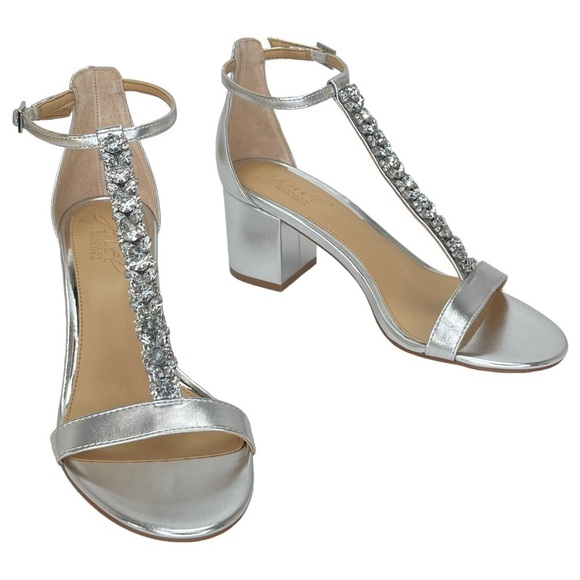 Jewel Badgley Mischka Lindsey Silver Faux Leather Rhinestone T-as tap Heels 7M - Picture 13 of 14